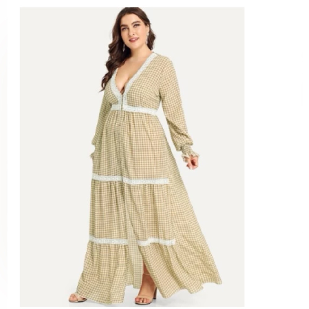 Plaid Maxi Dress - Beige and White Gingham with Lace Detail